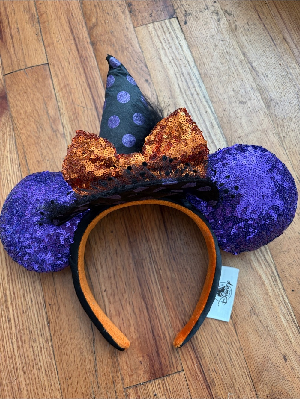 Disney Purple Sequin Minnie Ears Headband with Orange Bow and Witch Hat